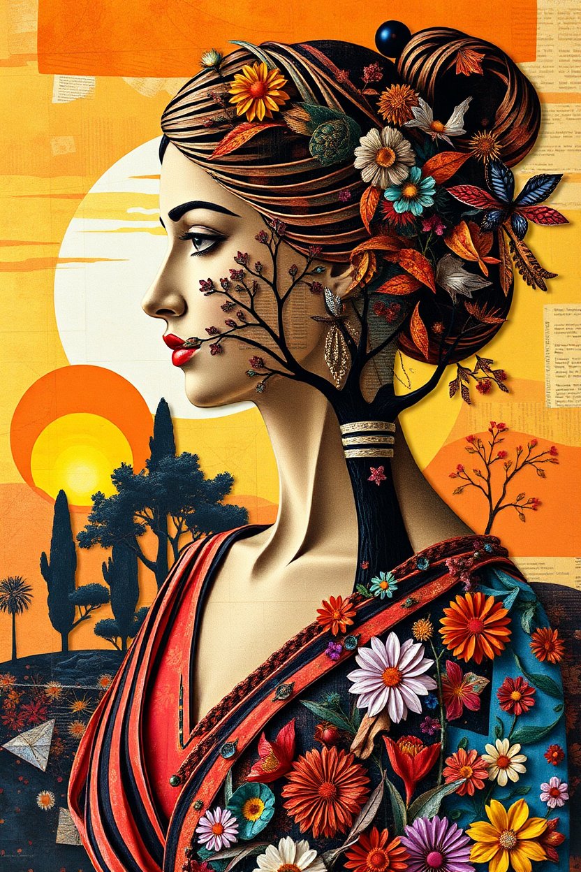 Elegant Woman with Floral and Tree Motifs in Warm Sunset