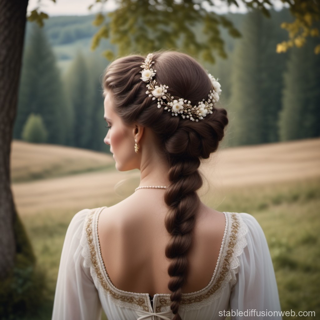 Elegant Woman with Floral Braided Hair in Countryside
