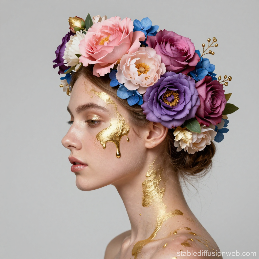 Elegant Woman with Floral Crown and Gold Face Paint