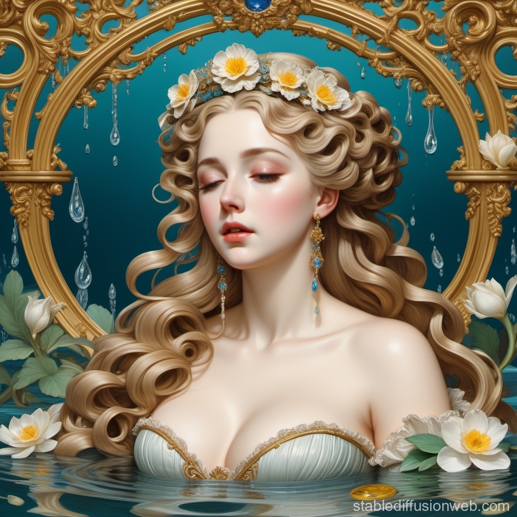 Elegant Woman with Floral Crown in Ornate Golden Frame