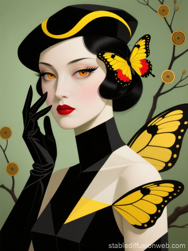 Elegant Woman with Mystical Yellow Butterflies