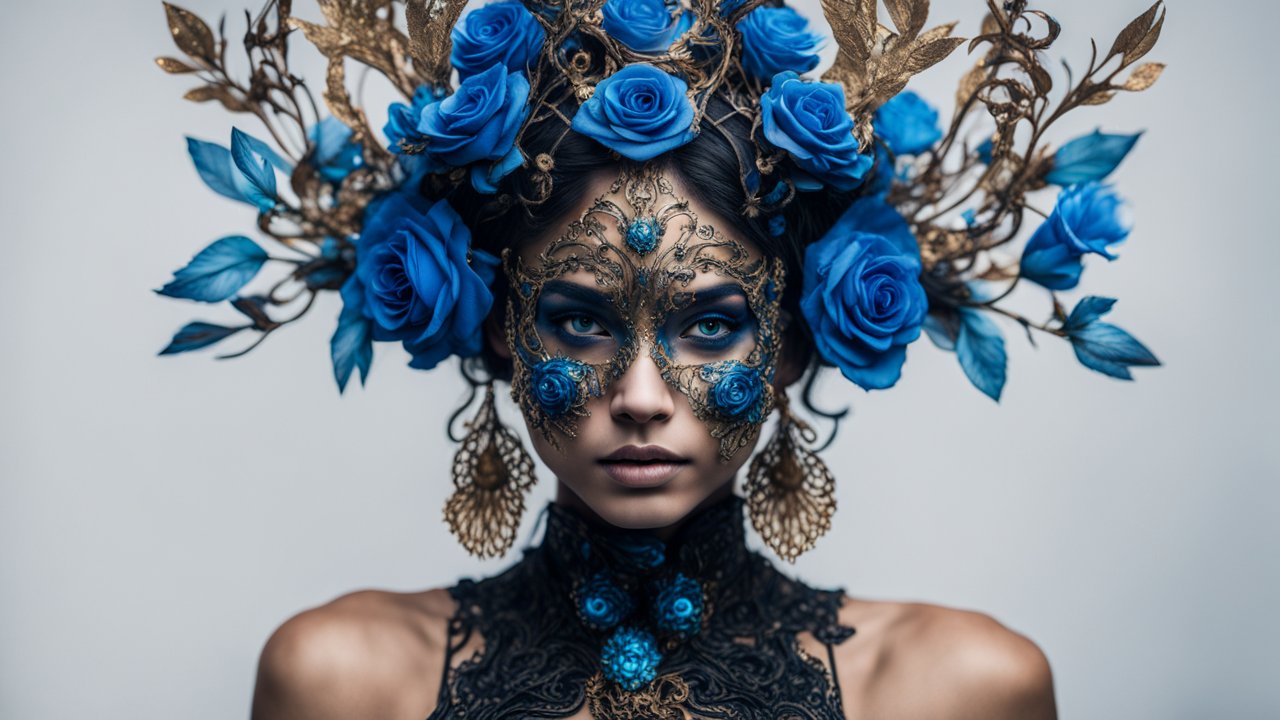 Elegant Woman with Ornate Blue Rose Headpiece and Mask
