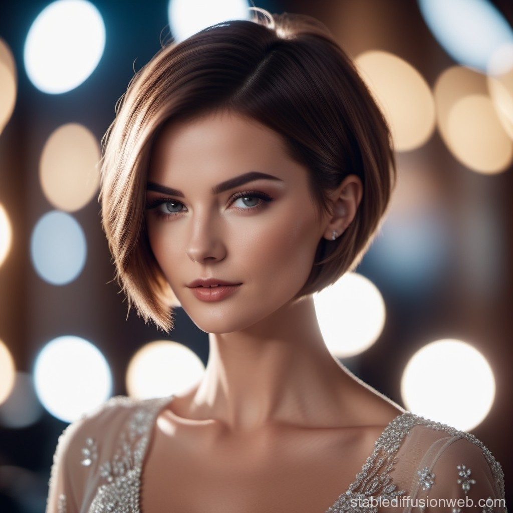 Elegant Woman with Short Hair and Soft Bokeh Lights