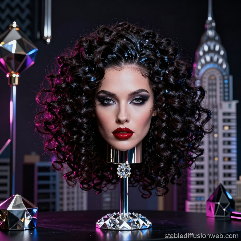 Elegant Woman's Head on a Diamond Stand with Cityscape Background