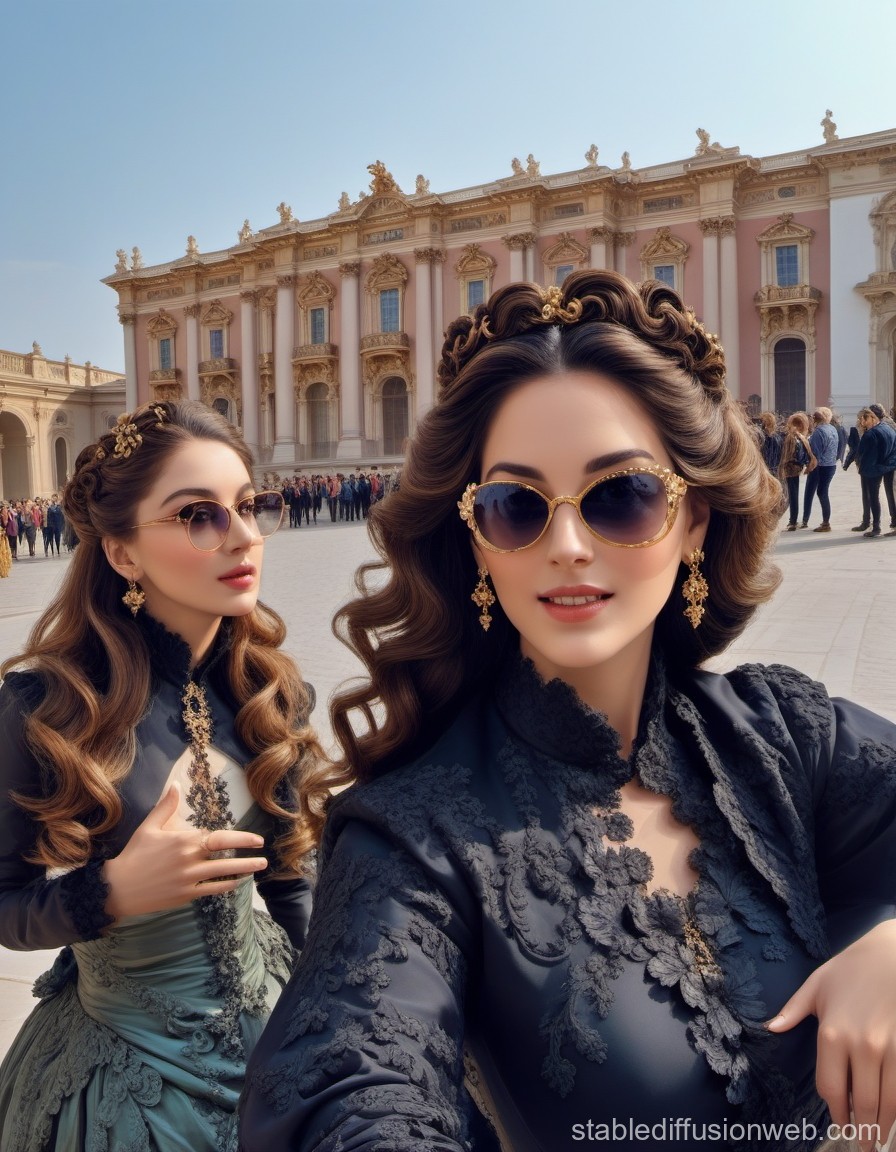 Elegant Women in Baroque Fashion with Sunglasses at Historic Palace