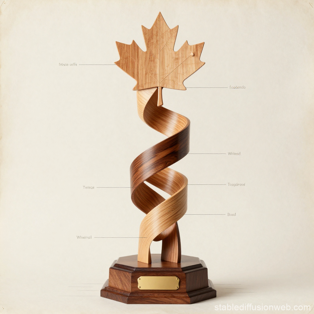 Elegant Wooden Trophy with Spiral Design and Maple Leaf Top