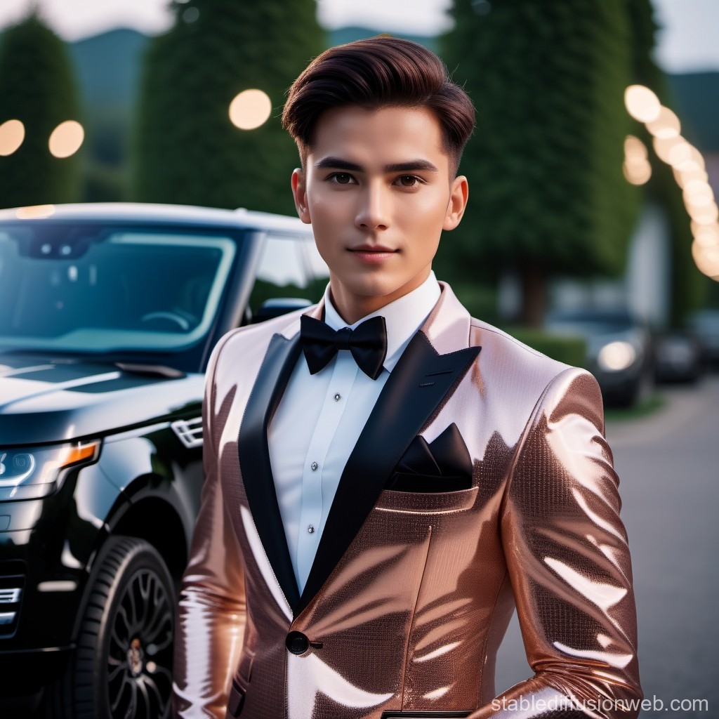 Elegant Young Man in Shiny Tuxedo by Luxury Car