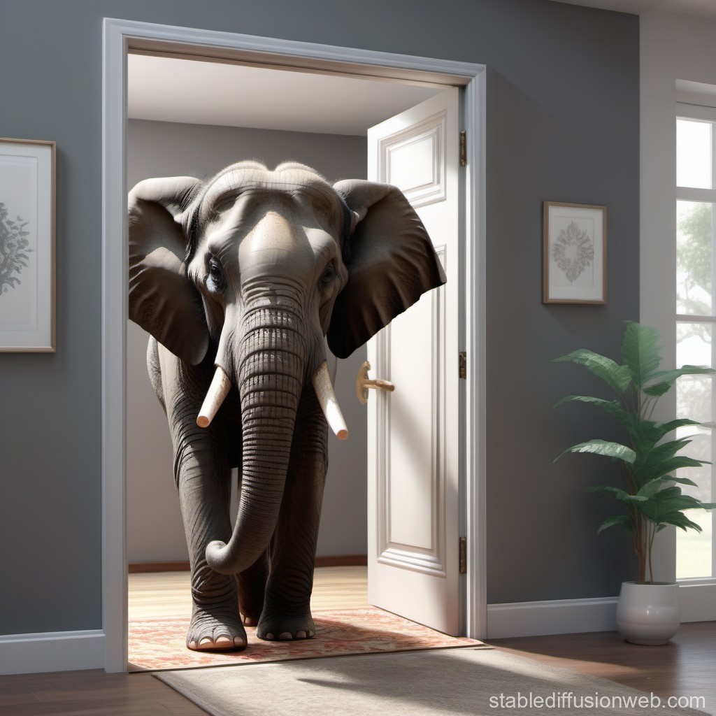 Elephant Entering a Modern Room Through an Open Door