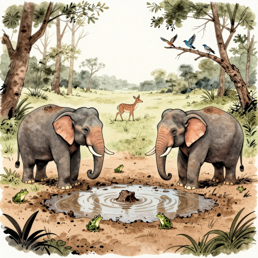 Elephants and Frogs at a Jungle Waterhole