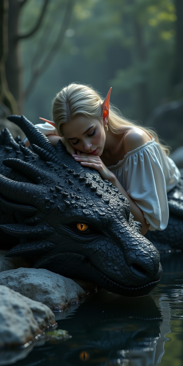 Elf Woman Resting on a Dragon by the Water