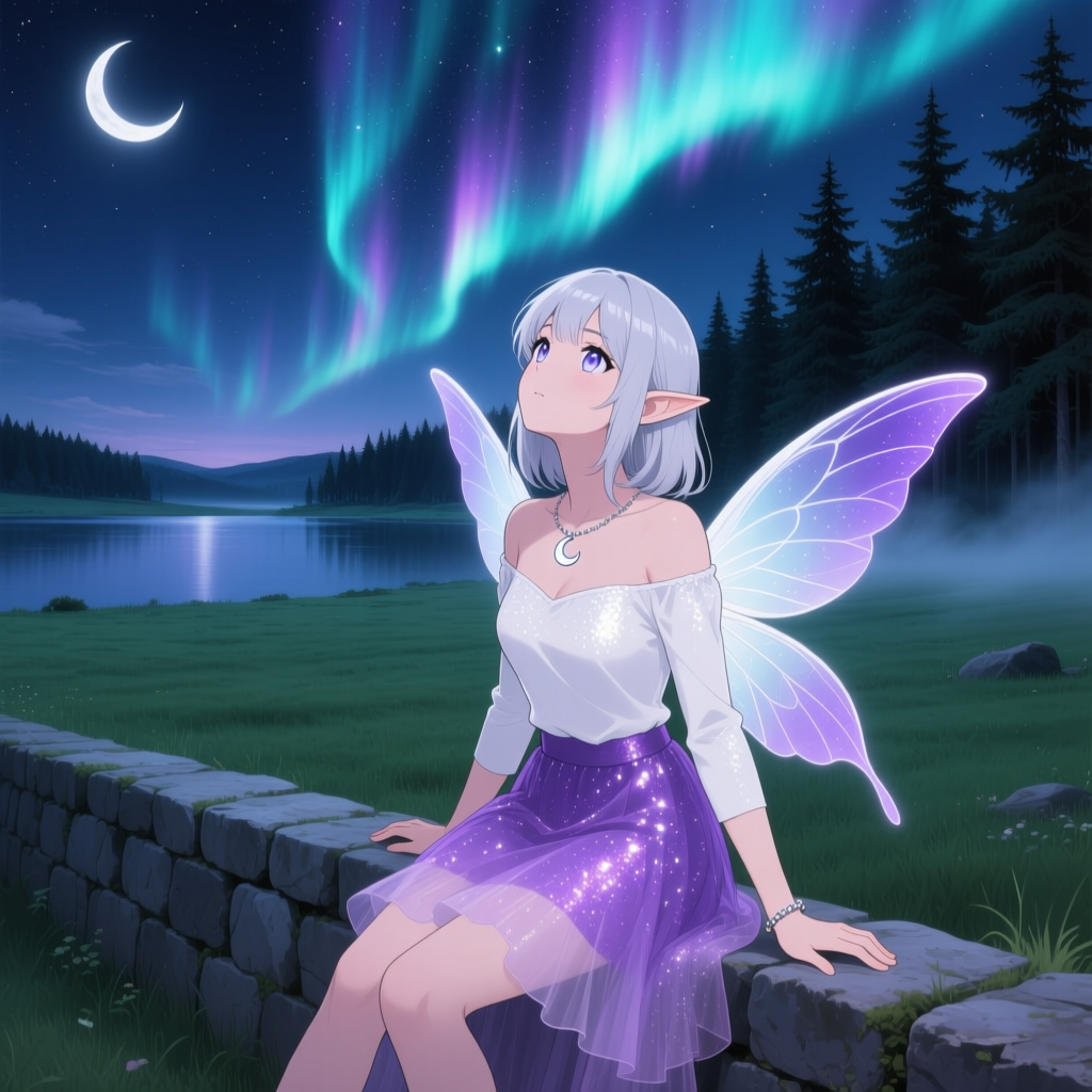 Elf Woman with Glowing Wings Under Northern Lights