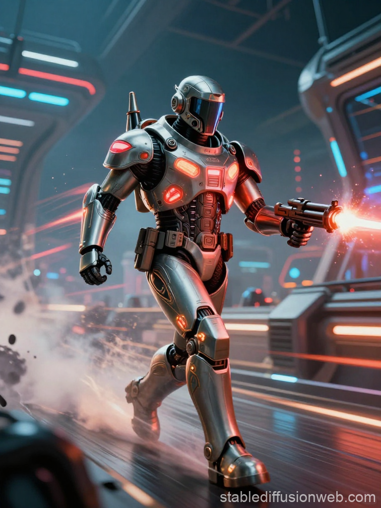 Elite Futuristic Soldier in High-Tech Armor Firing Weapon