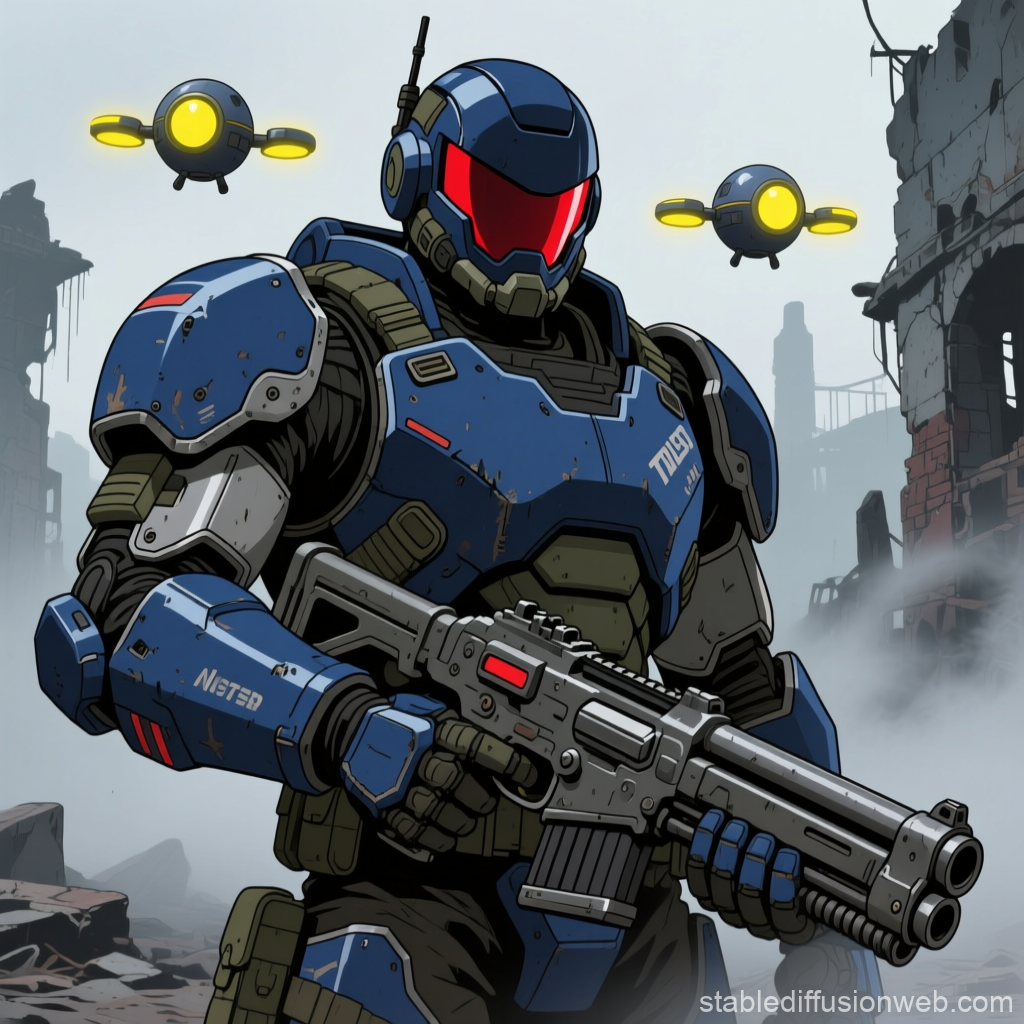 Elite Soldier in Retro-Futuristic Armor with Drones