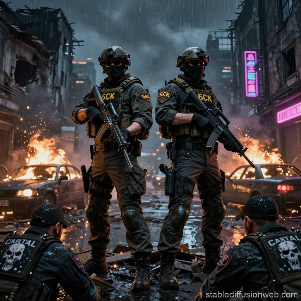 Elite Soldiers Standing in Ruined Urban Battlefield