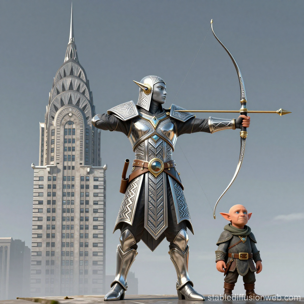 Elven Archer and Halfling Companion in a Modern Cityscape