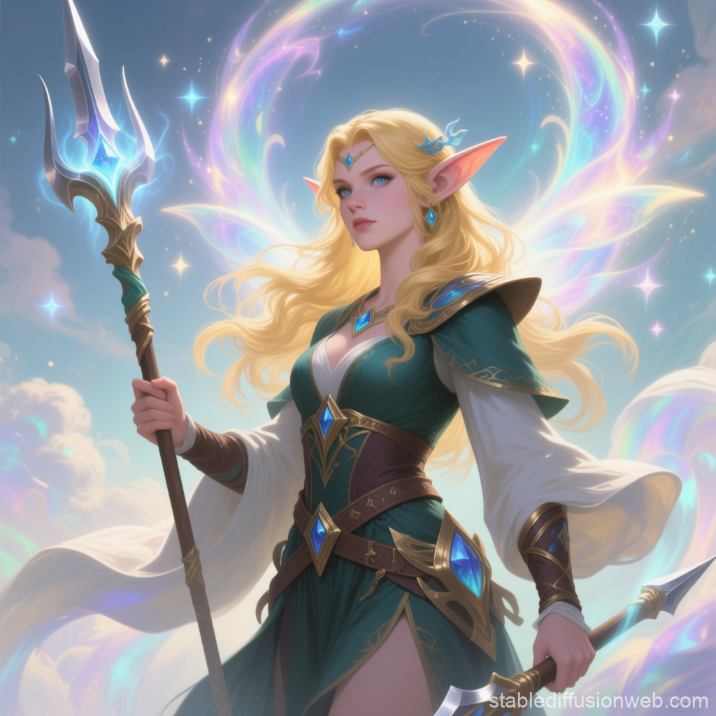 Elven Druid with Magical Spear in Radiant Fantasy Setting