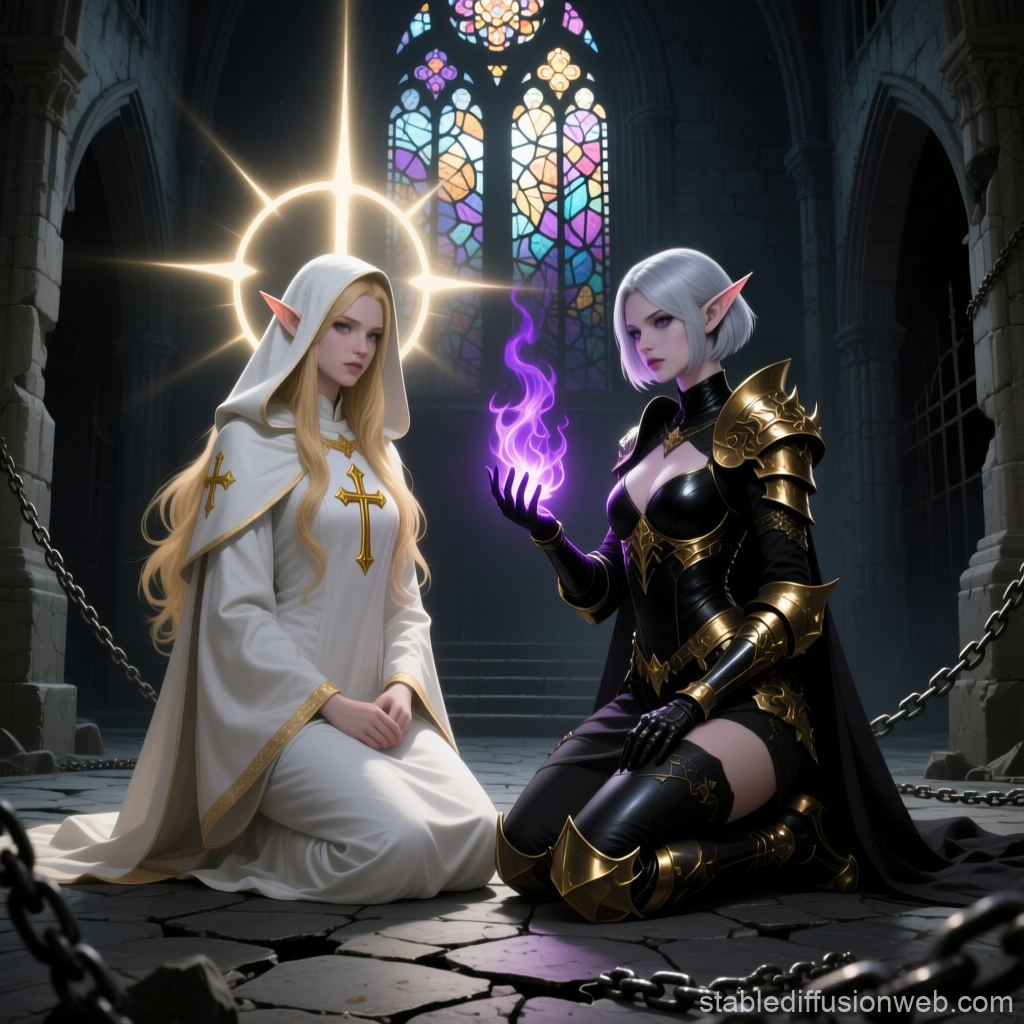 Elven Priestess and Dark Sorceress in Gothic Ruins