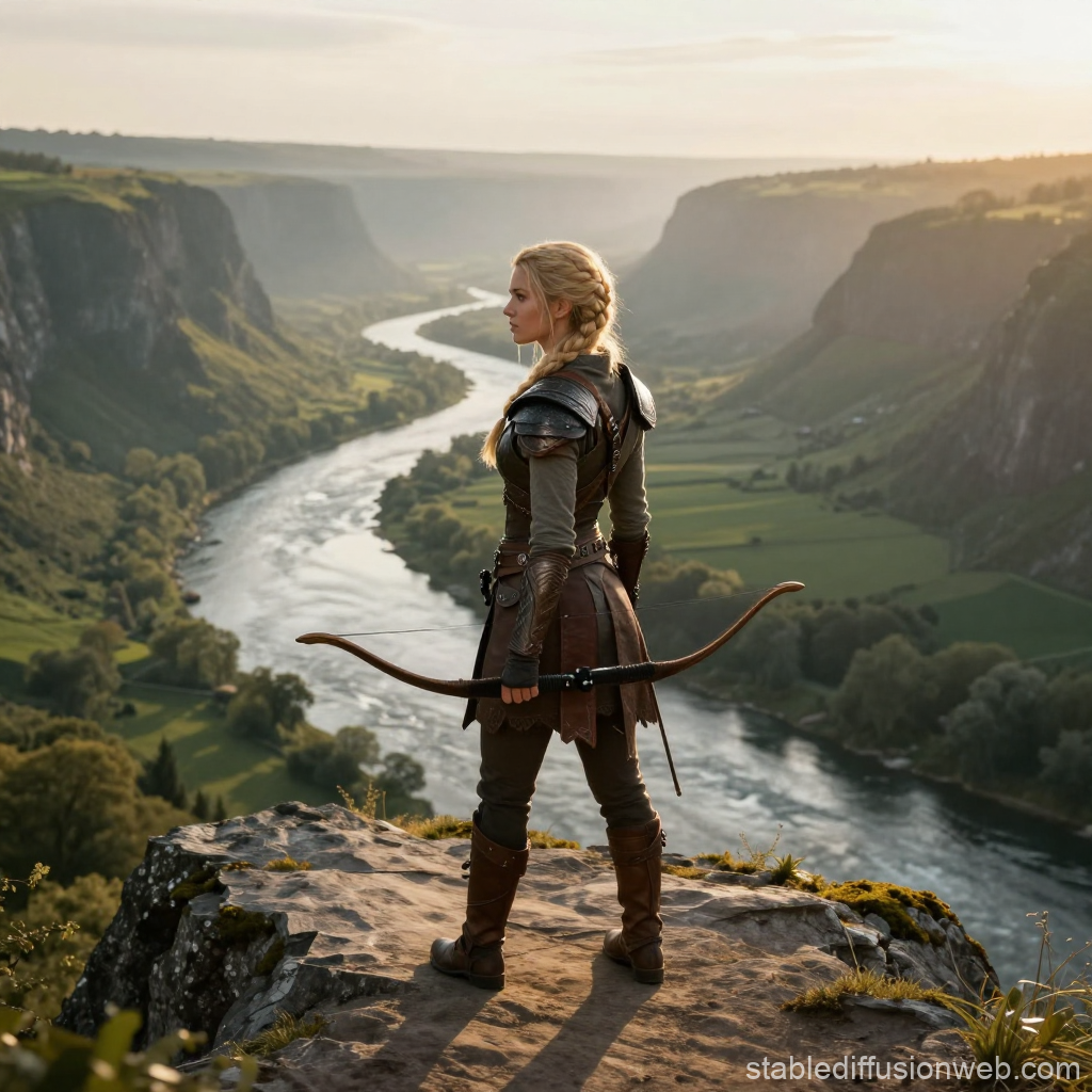 Elven Ranger Overlooking Misty River Valley