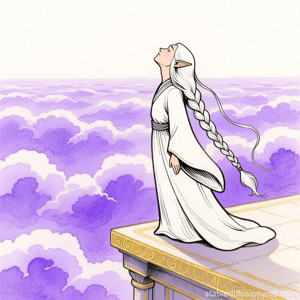 Elven Wizard Gazing Over Purple Clouds