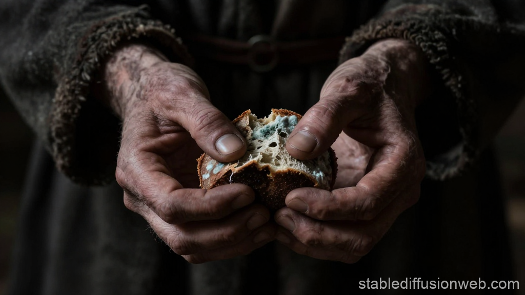 Emaciated Hands Holding Moldy Bread