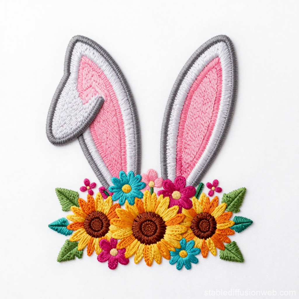 Embroidered Bunny Ears with Colorful Floral Arrangement
