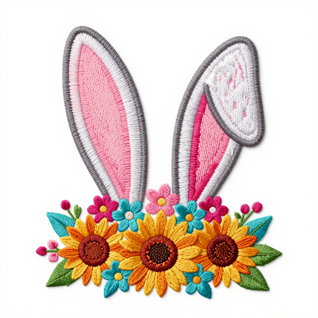 Embroidered Bunny Ears with Colorful Flowers