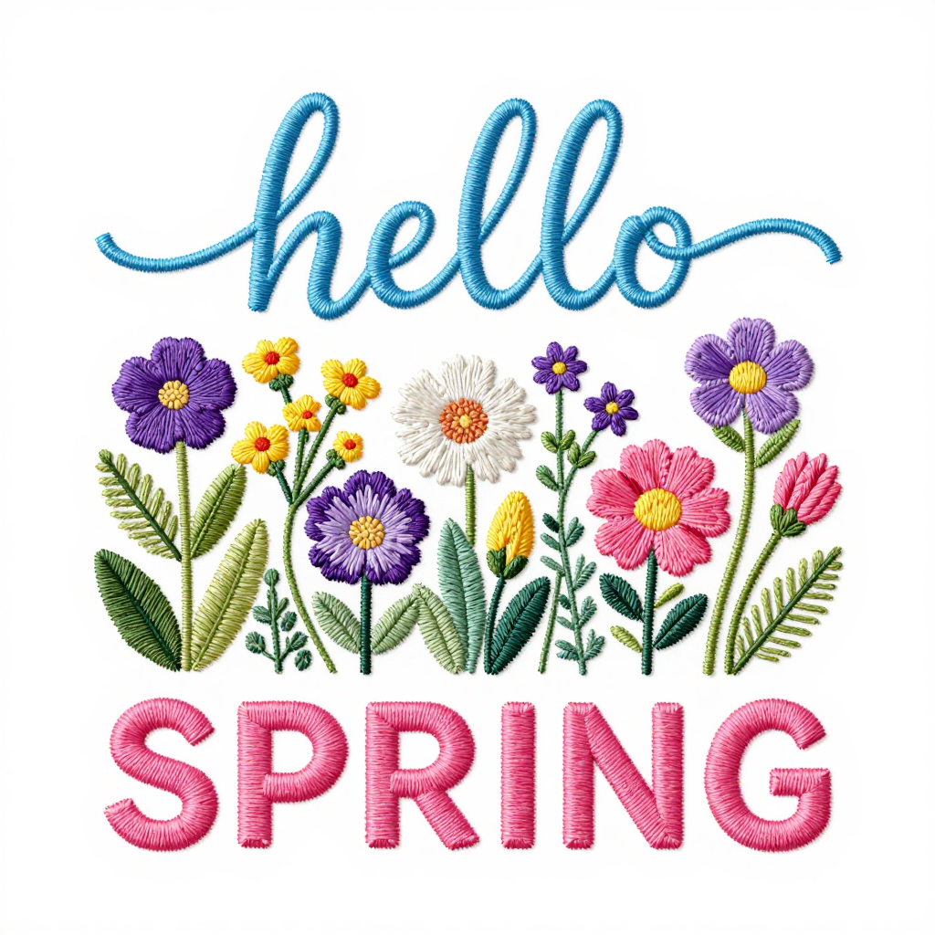 Embroidered Hello Spring Floral Design