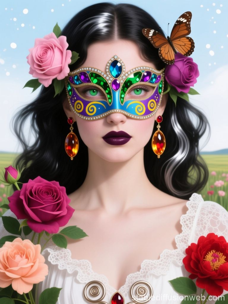 Emerald-Eyed Woman with Ornate Carnival Mask and Flowers