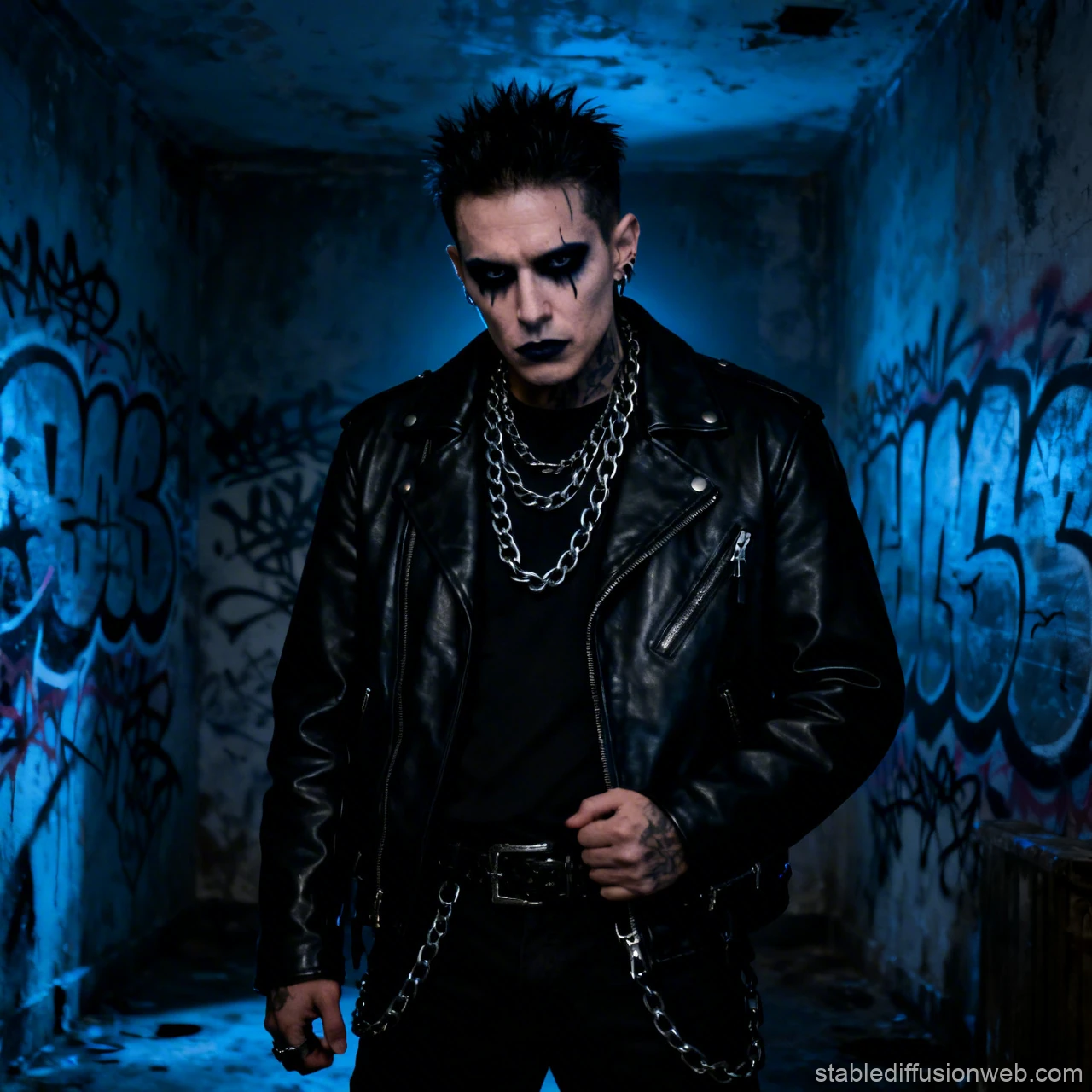 Emo Punk Man in Leather Jacket with Dark Makeup in Graffiti Alley