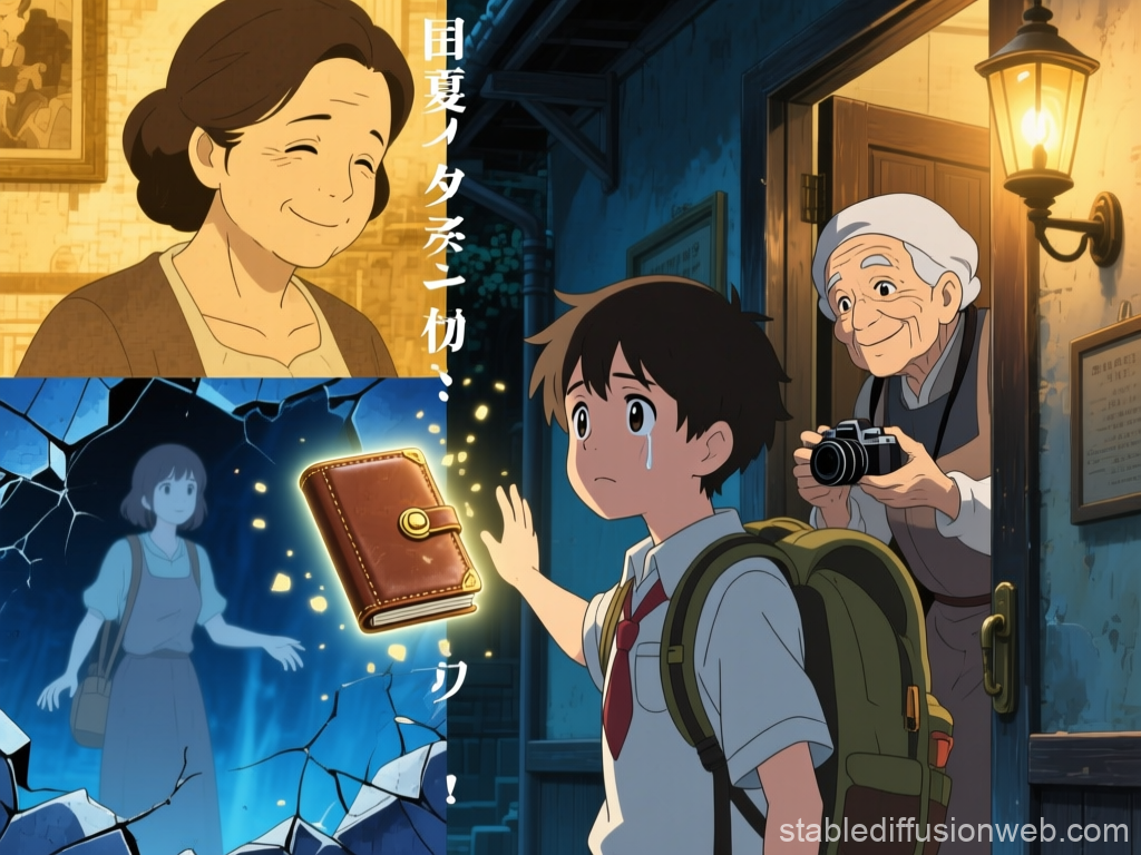 Emotional Anime Scene of Boy and Elderly Woman with Magical Book
