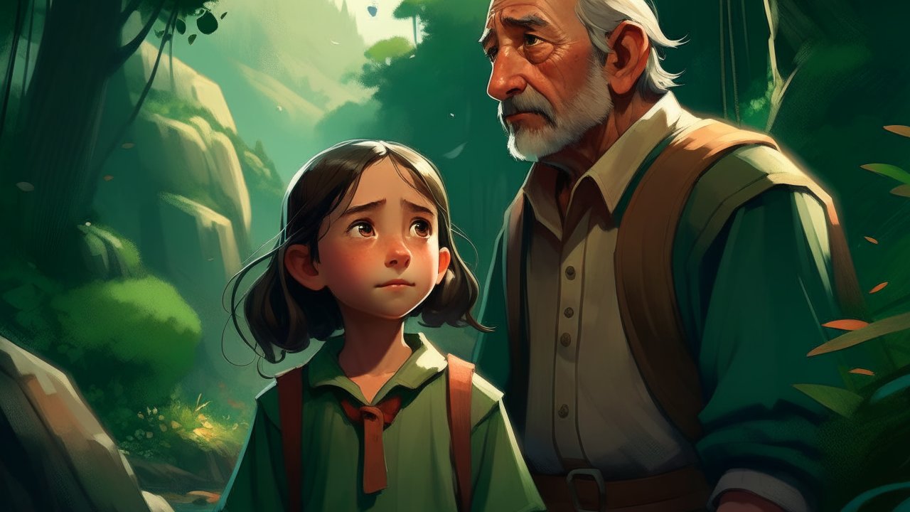 Emotional Moment Between Girl and Elderly Man in Forest