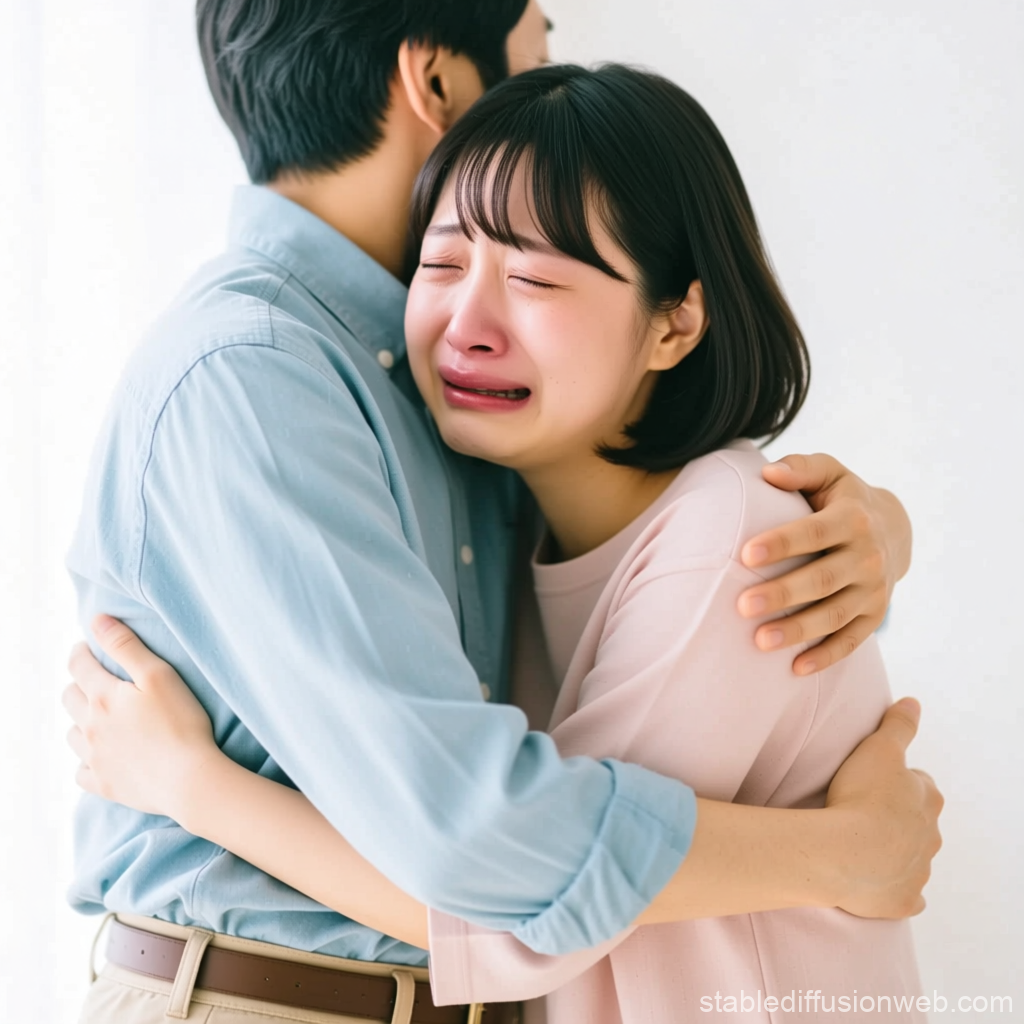 Emotional Woman Crying While Hugging Husband