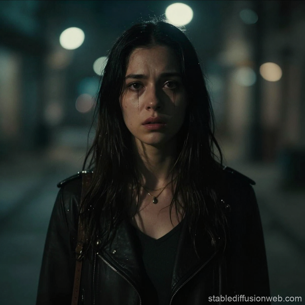 Emotional Woman in Dark Rainy Night