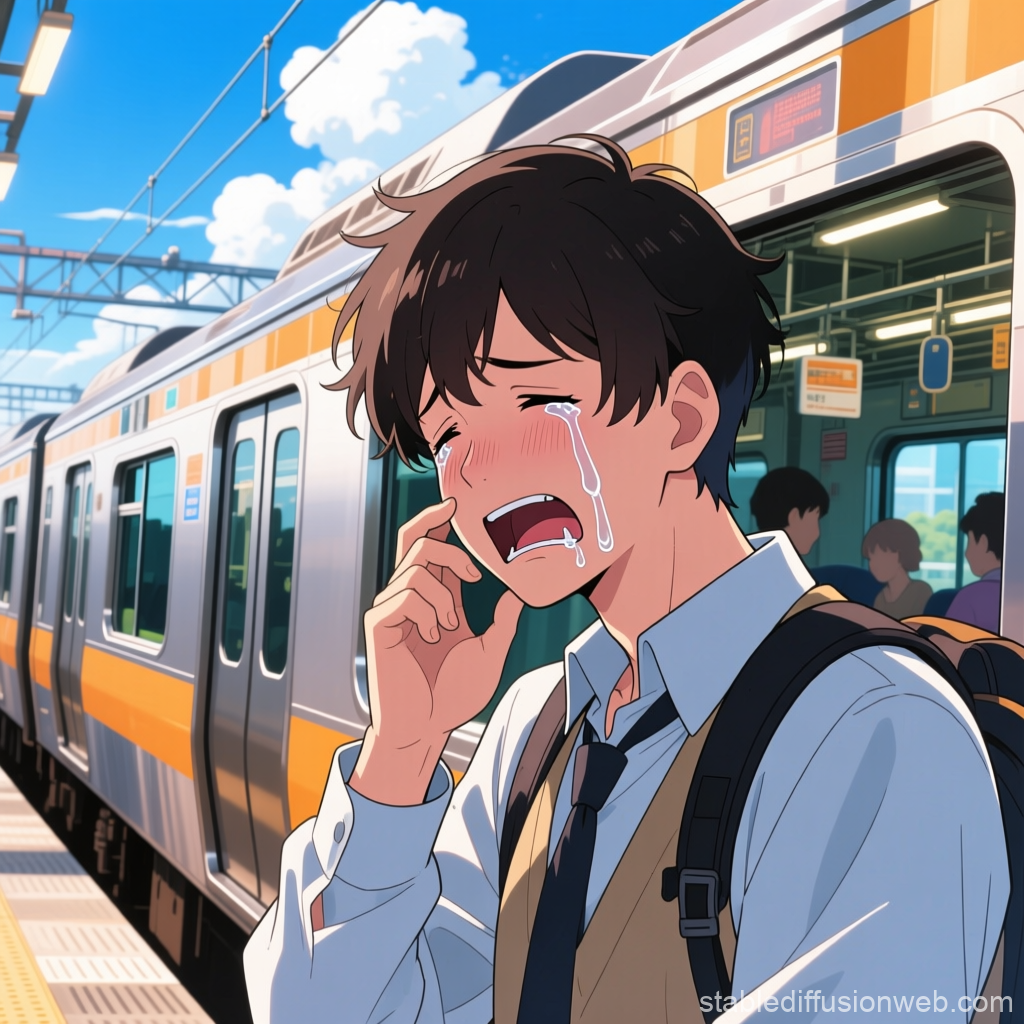 Emotional Young Man Crying at Train Station