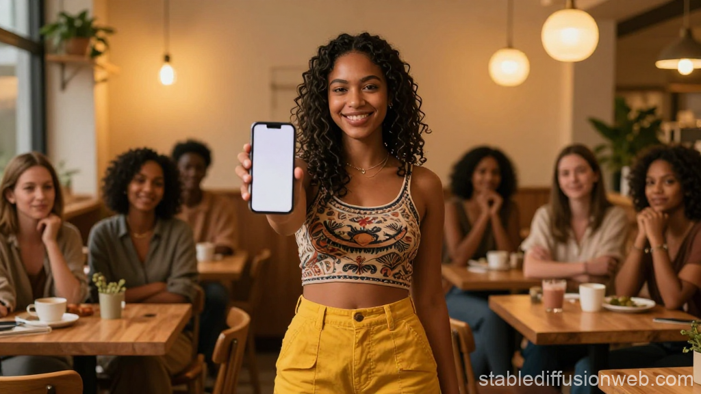 Empowered Woman Showing Smartphone in Cozy Cafe