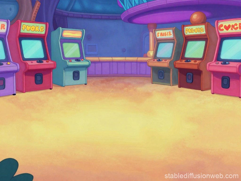 Empty Cartoon Arcade Room with Colorful Machines