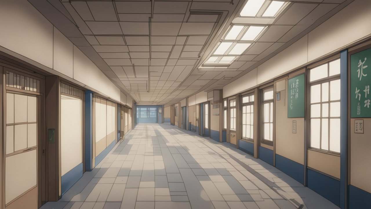 Empty Japanese School Hallway in Anime Style