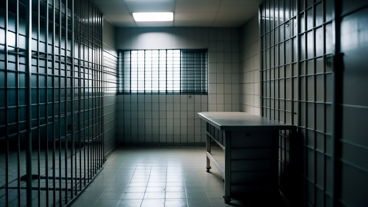 Empty Modern Prison Solitary Cell with Metal Bars