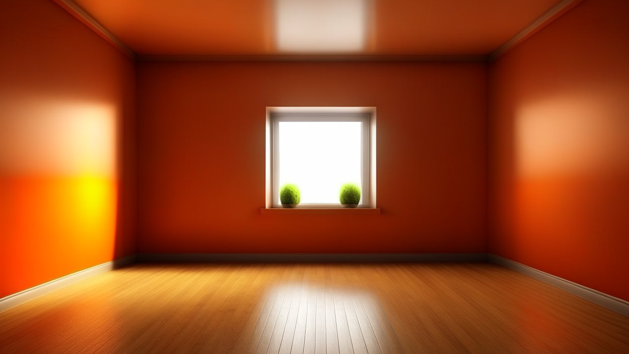 Empty Orange Room with Window and Plants