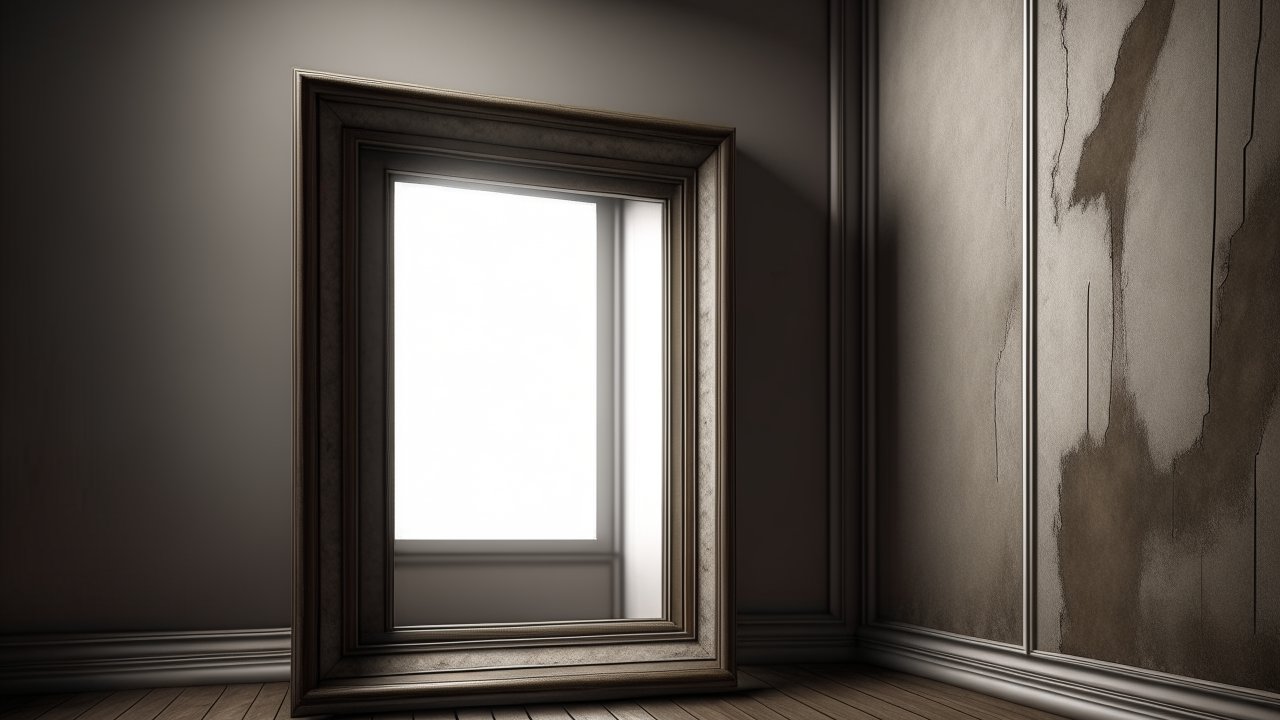 Empty Ornate Frame Reflecting Bright Window in Dim Room