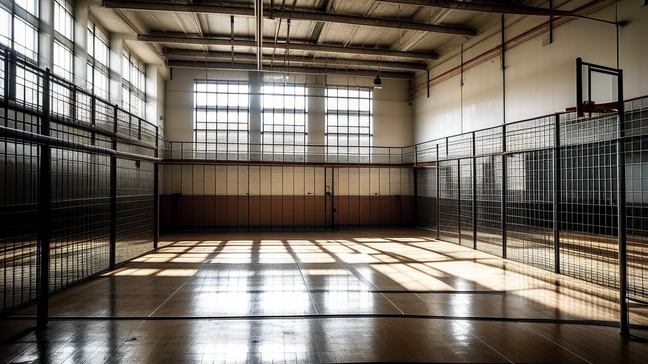 Empty Prison Basketball Court with Metal Fencing