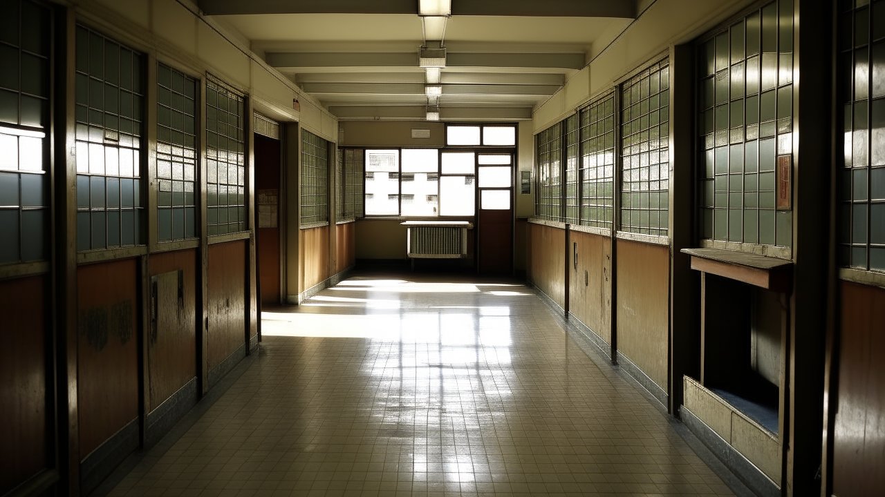 Empty School Hallway with Vintage Windows and Doors