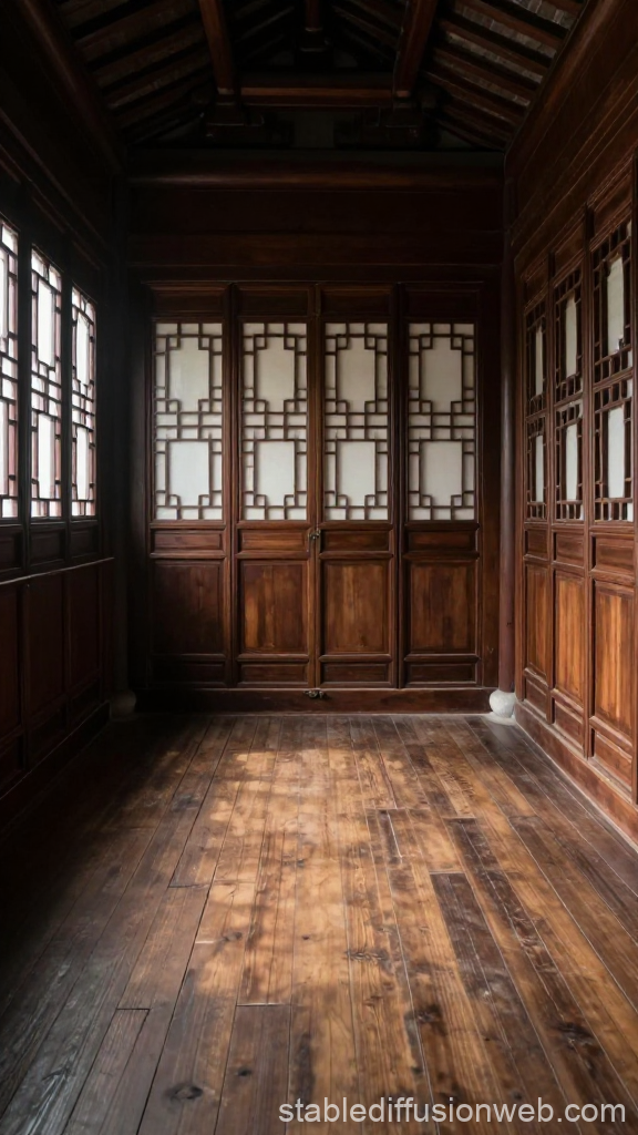 Empty Traditional Chinese Bedroom with Wooden Panels