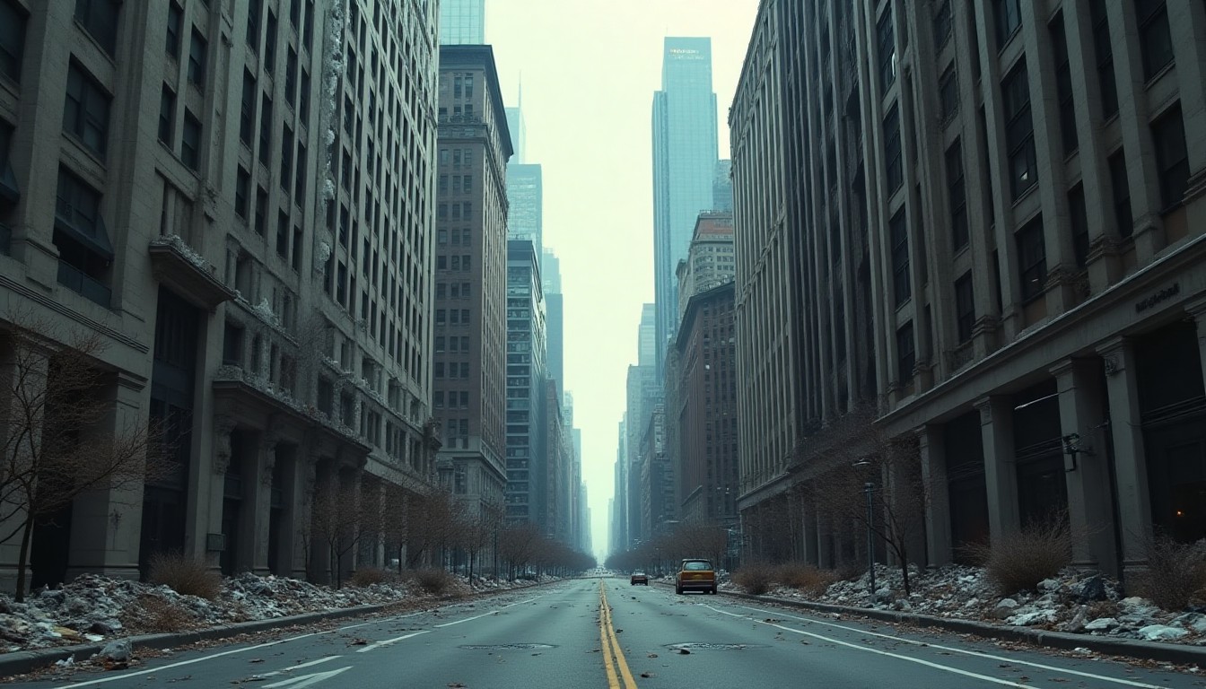Empty Urban Street Flanked by Tall Buildings on a Foggy Day