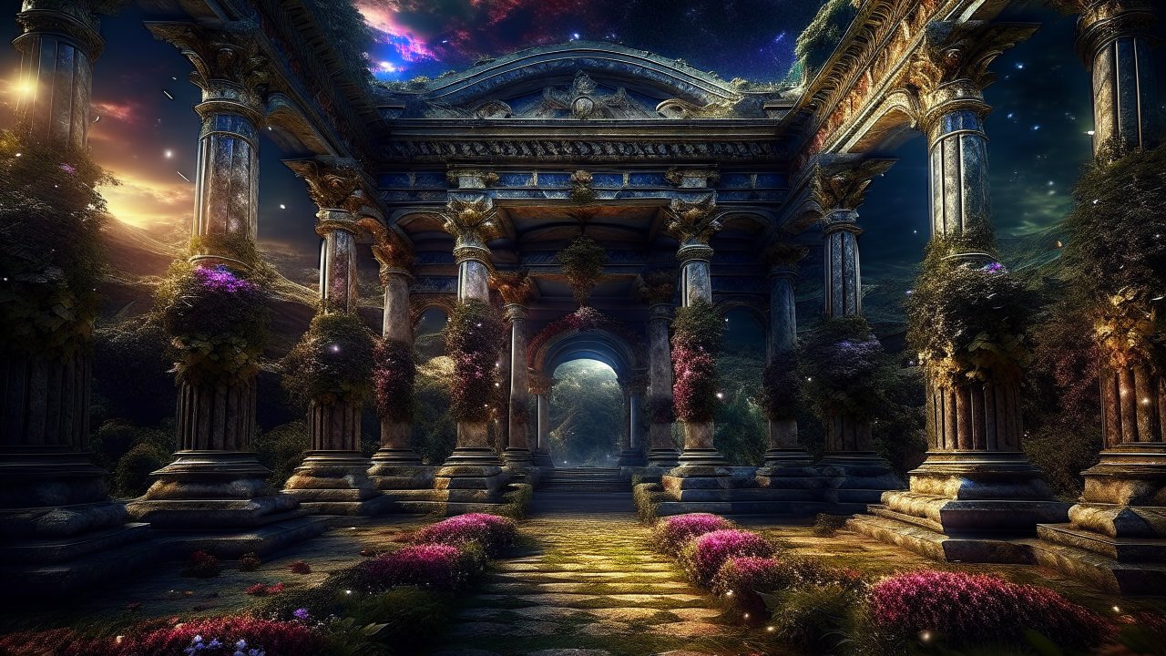 Enchanted Ancient Ruins Under a Starry Sky