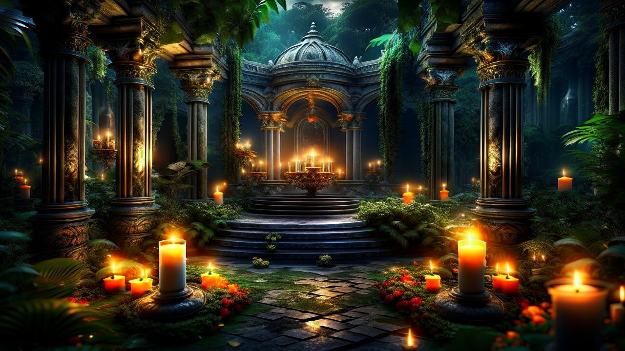 Enchanted Candlelit Ruins in a Mystical Forest