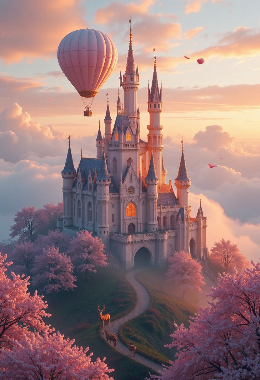 Enchanted Castle at Sunset with Hot Air Balloon
