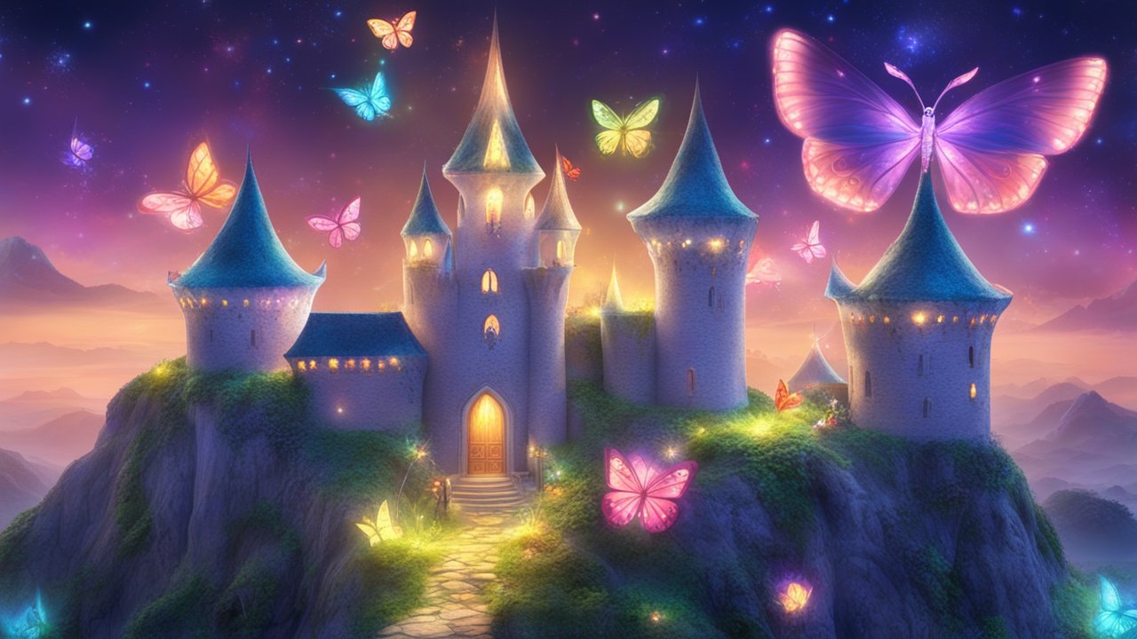 Enchanted Castle Illuminated by Glowing Butterflies