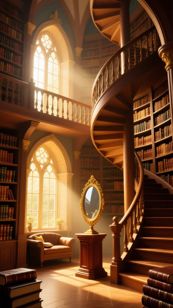 Enchanted Castle Library with Spiral Staircase and Golden Mirror