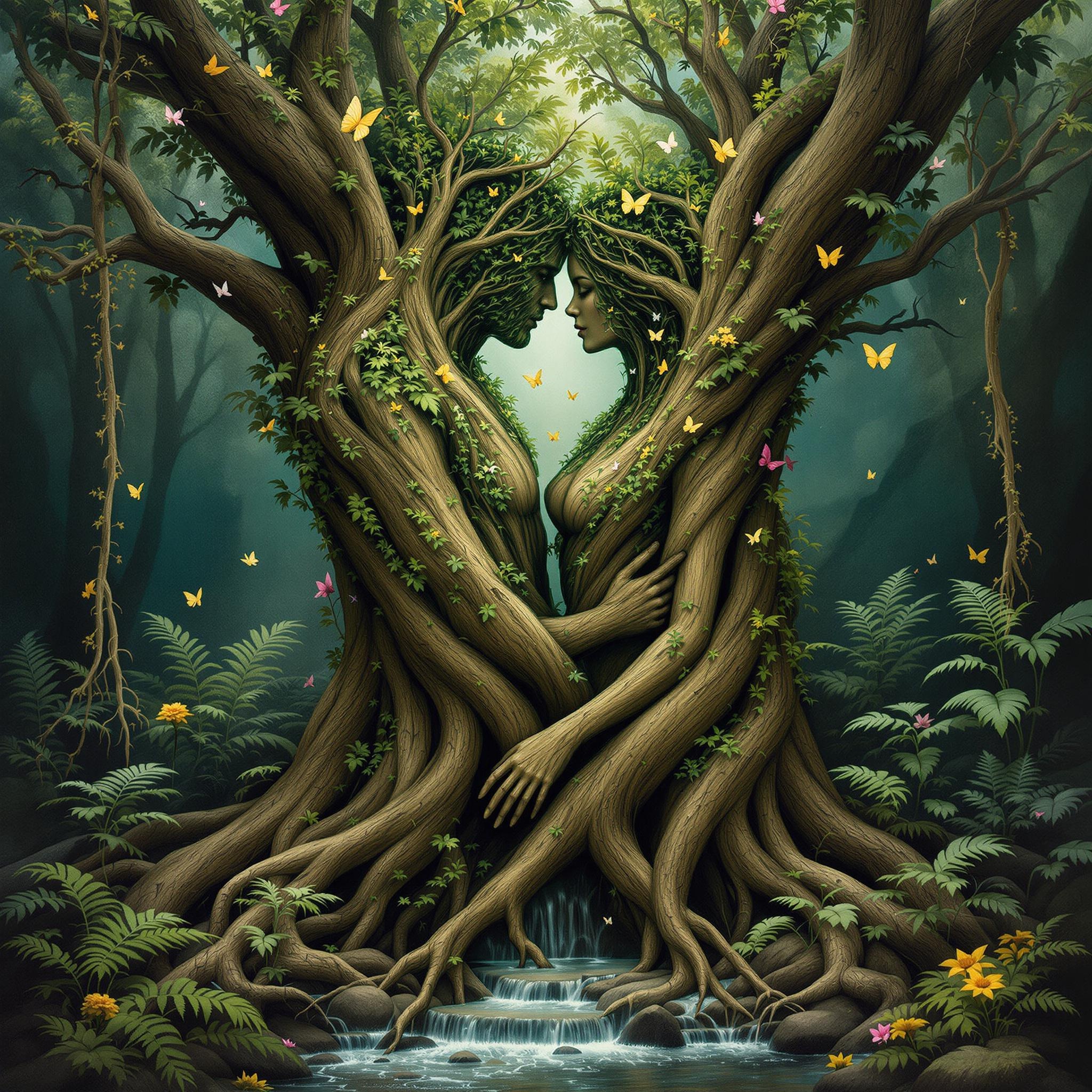 Enchanted Embrace of Tree Spirits in a Mystical Forest